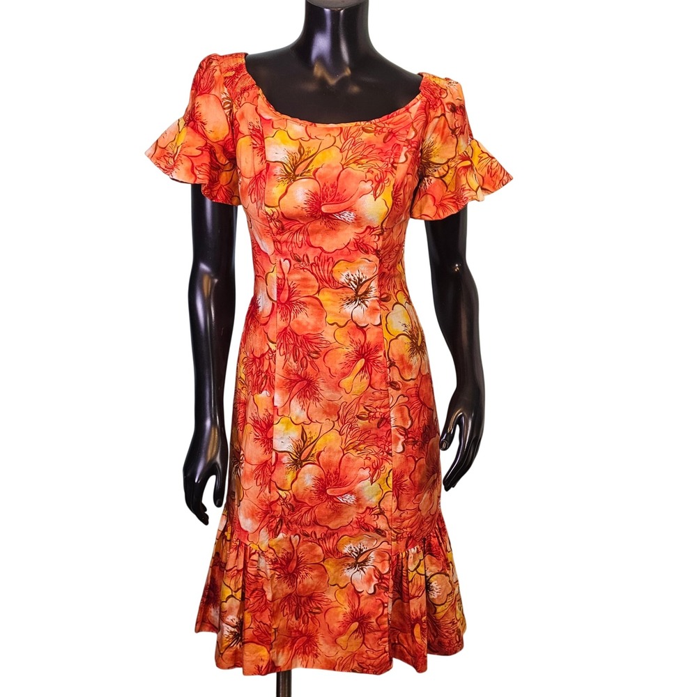 Vintage 1970s Reef of Hawaii Orange Hibiscus Flutter Sleeve Hawaiian Dress Tiki